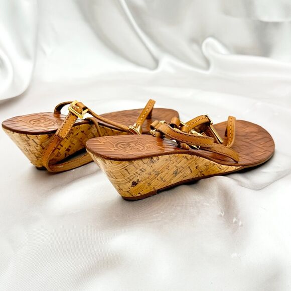 Tory Burch Pauline Tan Leather Demi Wedge Slingback Thong Size 6 M Sandals - Picture 4 of 15